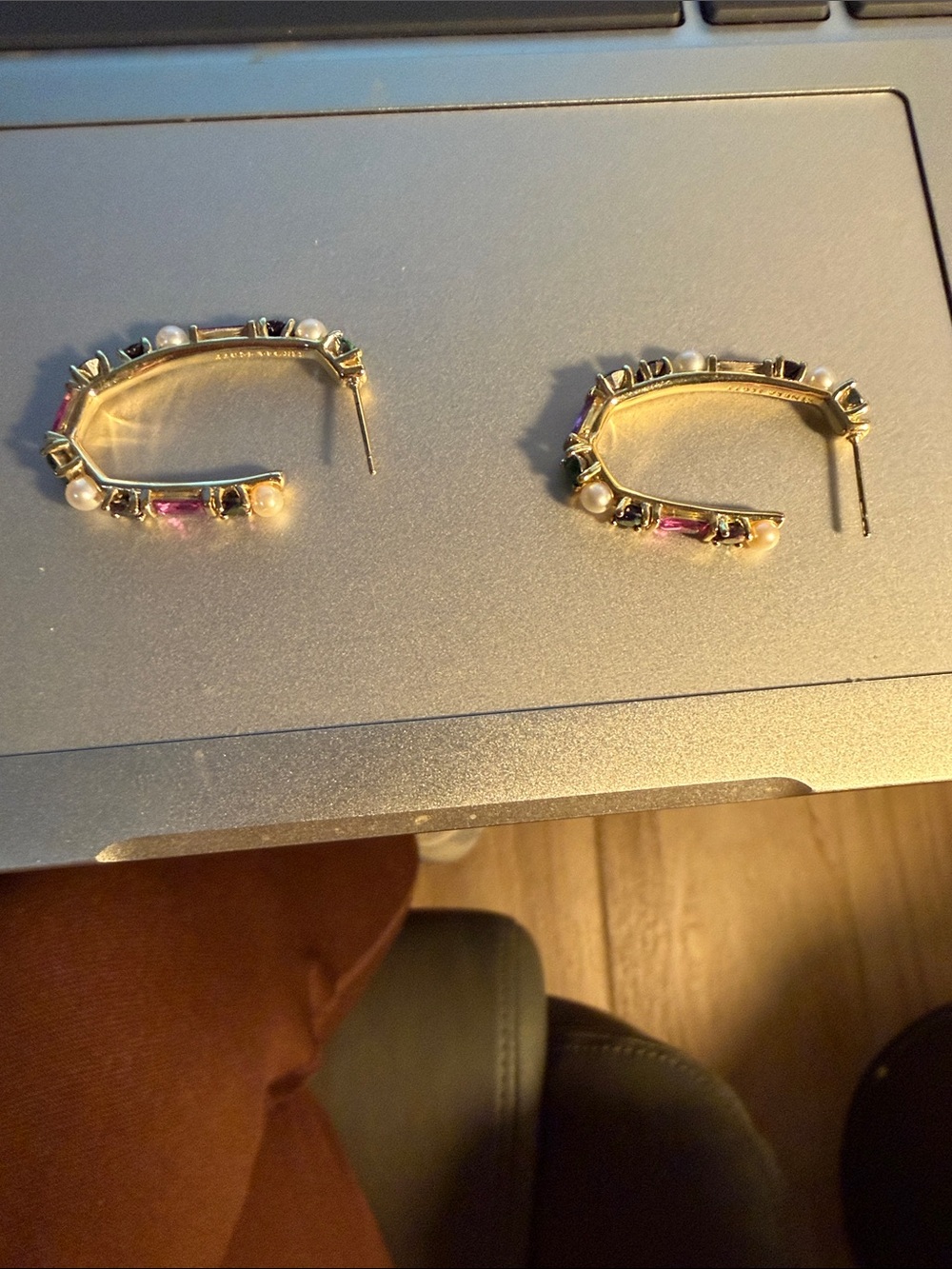 Gold Tone Multicolor Stone & Pearl Hoop Earrings - Picture 5 of 5
